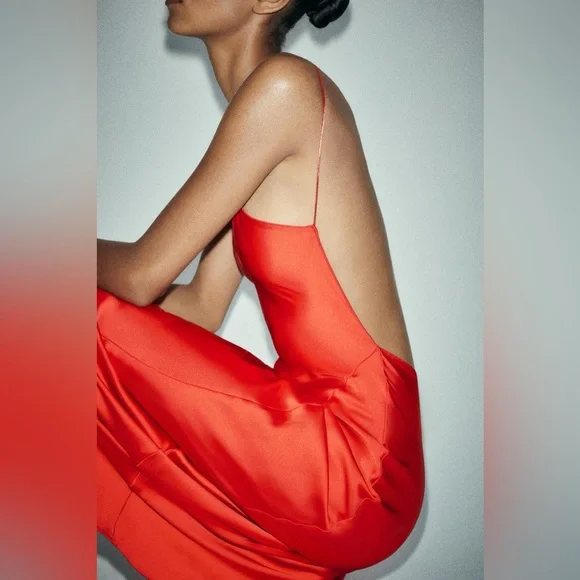 Zara NWT Romantic Blood Red Satin Effect V Neck Open Back Maxi Dress (Size XS) - Picture 3 of 10